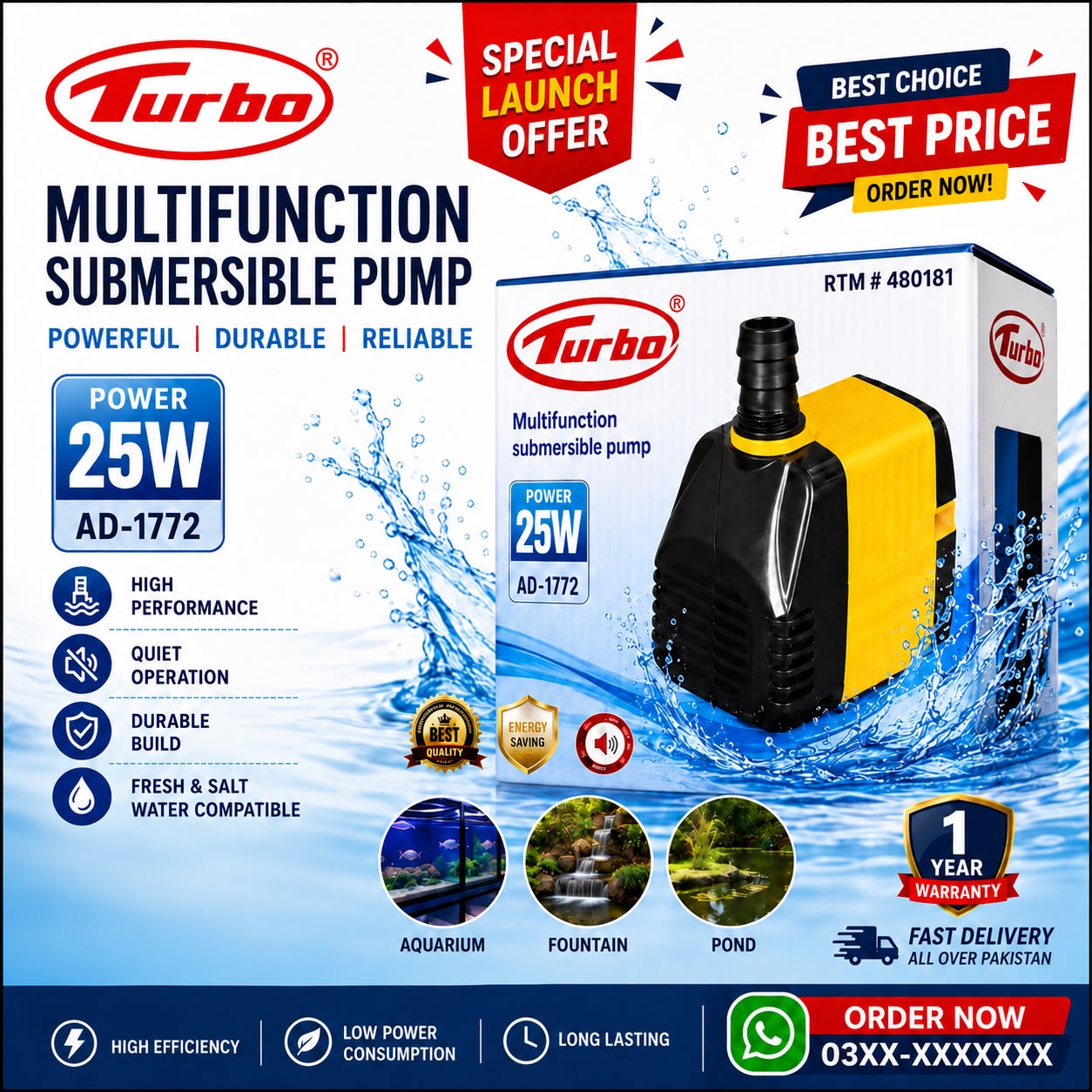 🌊 Turbo 25W Multifunction Submersible Pump (AD-1772) ⚡